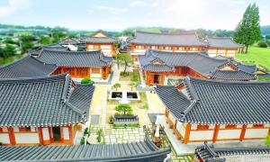 庆州Hwangnamguan Hanok Village的屋顶的亚洲建筑的顶部景观