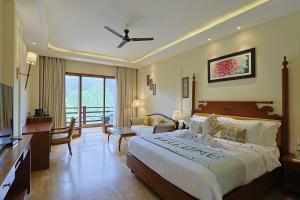 德拉敦Punarnava Wellness Resort & Spa的一间带大床的卧室和一间客厅