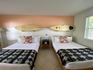 维洛海滩Seaspray Surf Lodge的墙上冲浪板的房间里设有两张床
