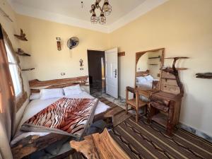 锡瓦People to People Hostel Siwa的一间卧室配有一张床、一把椅子和镜子