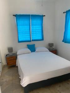 拉斯特拉纳斯Caribbean Domicile的卧室配有一张白色大床和蓝色窗户
