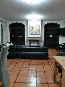 福什科阿新镇A Flor da Rosa的客厅配有黑色沙发和壁炉