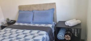 佩洛塔斯Casa Familiar Moradas Pelotas的一张带蓝色枕头的床和一张带毛巾的边桌
