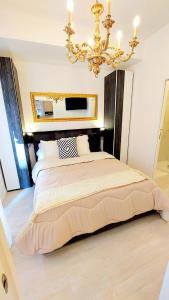 维罗纳Piccolo Mondo Verona的一间卧室配有一张带吊灯的大床