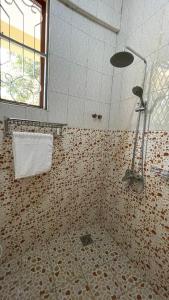 阿鲁沙Skill forest lodge的带淋浴的瓷砖浴室设有窗户