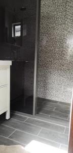帕拉马里博Bij BRAKKE的带淋浴的浴室和瓷砖墙