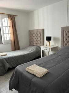 卢汉德库约Complejo Lamadrid - semiprivado的一间卧室配有两张床和一张带台灯的桌子