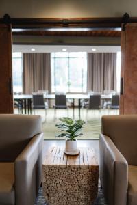 特拉弗斯城特拉弗斯城英迪格酒店的一间房间,里面摆放着两把椅子和一张桌子,上面有植物