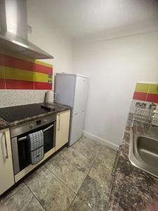 莱斯特Newly furnished Apartment, Leicester City Centre的厨房配有炉灶、冰箱和水槽