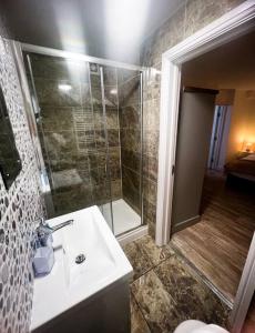 莱斯特Newly furnished Apartment, Leicester City Centre的一间带水槽和淋浴的浴室