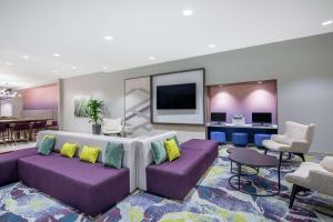 瑟普赖斯Hilton Garden Inn Surprise Phoenix的客厅配有紫色沙发和平面电视