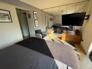 圣地亚哥Departamento Delux的一间卧室配有一张床和一台平面电视