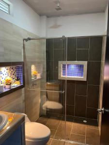 约帕尔RIOPARK BEACH HOTEL的带淋浴、卫生间和盥洗盆的浴室