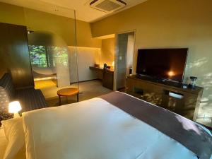 千岁Ame no Hi to Yuyake-Adult Only的配有一张床和一台平面电视的酒店客房