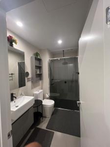墨尔本Ruckers Hill Northcote Penthouse的带淋浴、卫生间和盥洗盆的浴室