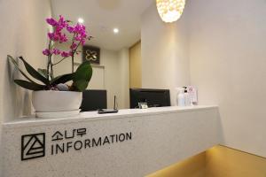 春川Chuncheon Pine Tree Hotel的办公室接待处,上面有盆栽植物