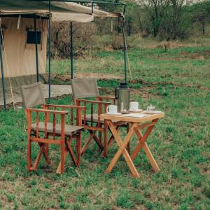 NyabogatiSerengeti Kamwene Tented Camp的帐篷下野餐桌和两把椅子