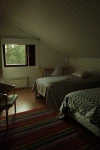 基蒂莱Jaloilevi - Kätkänrinne的一间卧室设有两张床和窗户。