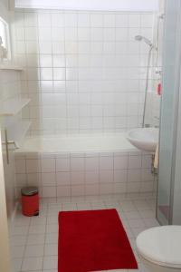 希格斯多夫Ferienwohnung mit Pfiff的一间带卫生间和红色地毯的浴室