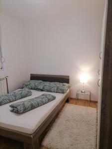 SurčinAirport Apartment的一间卧室配有两张床、一盏灯和一张地毯。