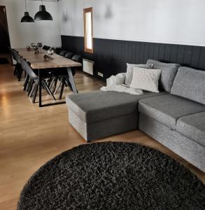 罗瓦涅米LakeLodge Kiehinen & Igloos的带沙发和餐桌的客厅