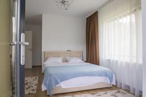 BezdeadVila MOON的一间卧室配有一张带蓝色毯子的床和窗户。