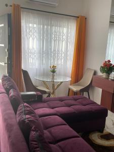 DanfaNewly built house in Accra的客厅配有紫色沙发和桌子
