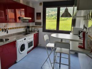 奥维多Piso zona hospital 7 personas的厨房配有红色橱柜、水槽和洗碗机。
