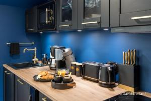 沙勒维尔-梅济耶尔Suites Mana- Le Boudoir Art Déco 4* Place Ducale Parking inclus的带咖啡壶的台面的厨房