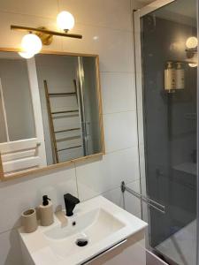 佩皮尼昂La Grande Dame - T4 - Clim的一间带水槽、镜子和淋浴的浴室