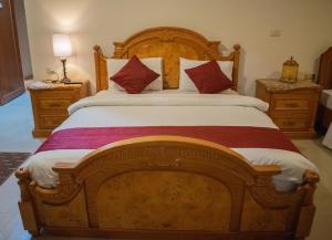 瓦迪穆萨Twilight Hotel Petra的一间卧室配有一张带红色枕头的大型木制床。