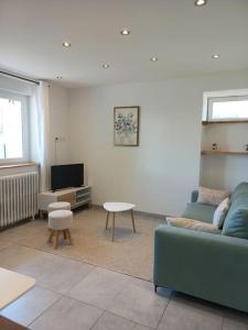 勒米尔蒙Appartement Les Géraniums的客厅配有蓝色的沙发和电视