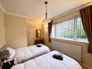布罗姆斯格罗夫Entire Spacious Bungalow Retreat的客房设有两张床和窗户。