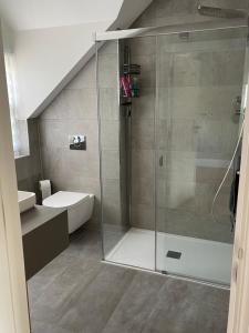 利明顿LymingtonBnB的浴室设有玻璃淋浴间、卫生间和水槽。