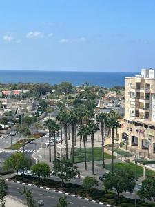 阿卡Apartment in Akko with Sea View的一座城市,拥有棕榈树和海洋的停车场