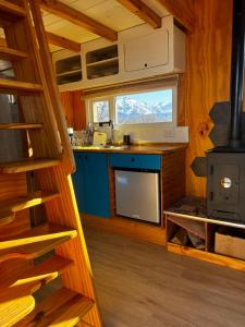 Los ÁrbolesNamakai.tinyhouse, minimalism in a magic place的厨房配有蓝色橱柜和炉灶。