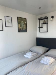 蒙尼肯丹Houseboat De Amstel的一间卧室配有两张带毛巾的床