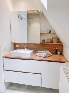 布鲁日Cozy Guesthouse的一间带水槽和镜子的浴室