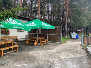 Sezimovo ÚstíSoukeník FCT的一组野餐桌和一把绿色伞