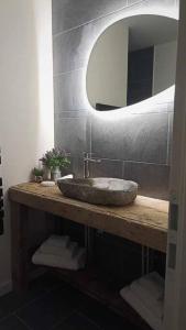 LathuilleLE MAZOT-SPA HIVER ET ETE-Piscine-Proche lac-Charme-Détente的一间带石制水槽和镜子的浴室