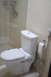 VaniUkhutiEcoHouse的带淋浴的浴室内的白色卫生间