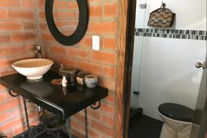 里奥内格罗Rancheria Loft Chalet, lago privado的砖墙内带水槽和卫生间的浴室