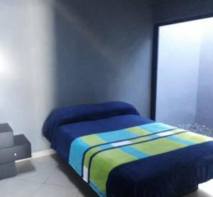 Casa Hogareña las estacas的一间卧室配有一张蓝色和黄色毯子的床