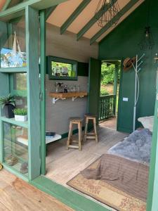 里奥内格罗Rancheria Loft Chalet, lago privado的一间设有绿色墙壁、一张床和一张桌子的房间