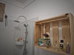 戈尔亚泰托Mountain Home - Galyatető的带淋浴的浴室和木制橱柜。