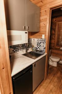 惠斯勒河畔度假酒店的厨房配有水槽和微波炉