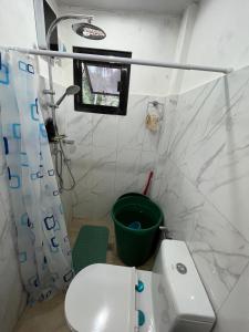 Laguindingan Town House的一间带卫生间和绿色桶的小浴室
