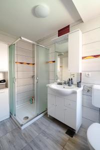 拉特西Apartmaji Pr' Kopavank的带淋浴、盥洗盆和卫生间的浴室