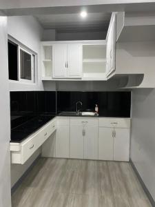 BacongThe Grey House的白色的厨房配有白色橱柜和水槽