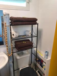 波拉波拉Elisabeth Lodge Vairupe的浴室设有毛巾架和卫生间